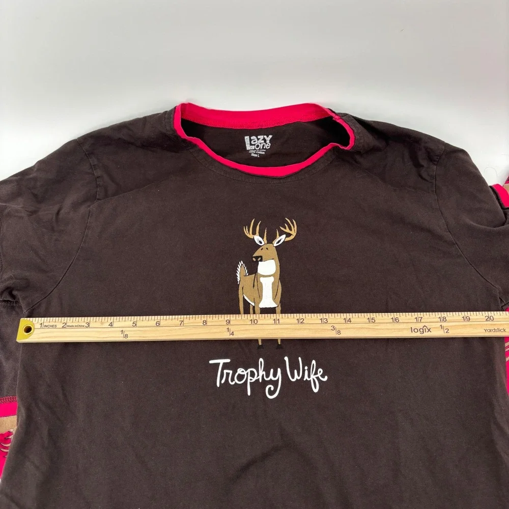 Lazy One Womens Pajama Set L/XL Pink Brown Trophy Wife Deer Graphic Cabin Life